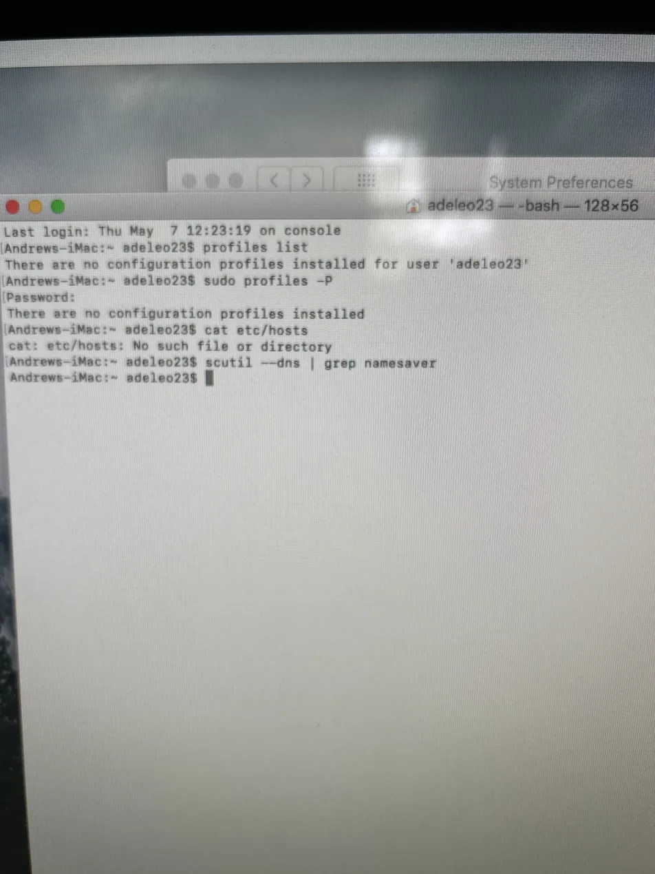 Terminal showing profiles list and sudo profiles -P returning no configuration profiles