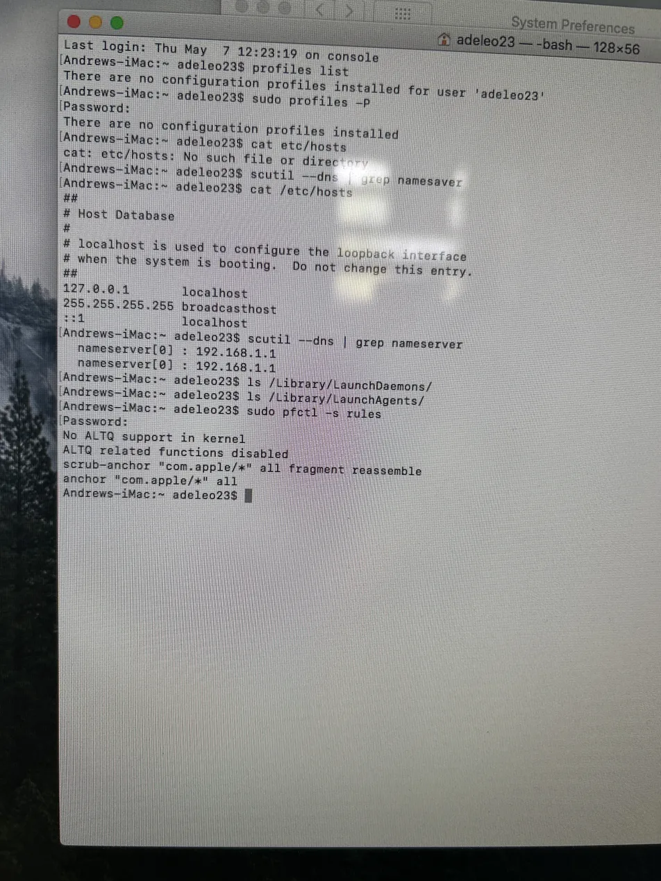 Terminal showing LaunchDaemons, LaunchAgents, and pfctl output