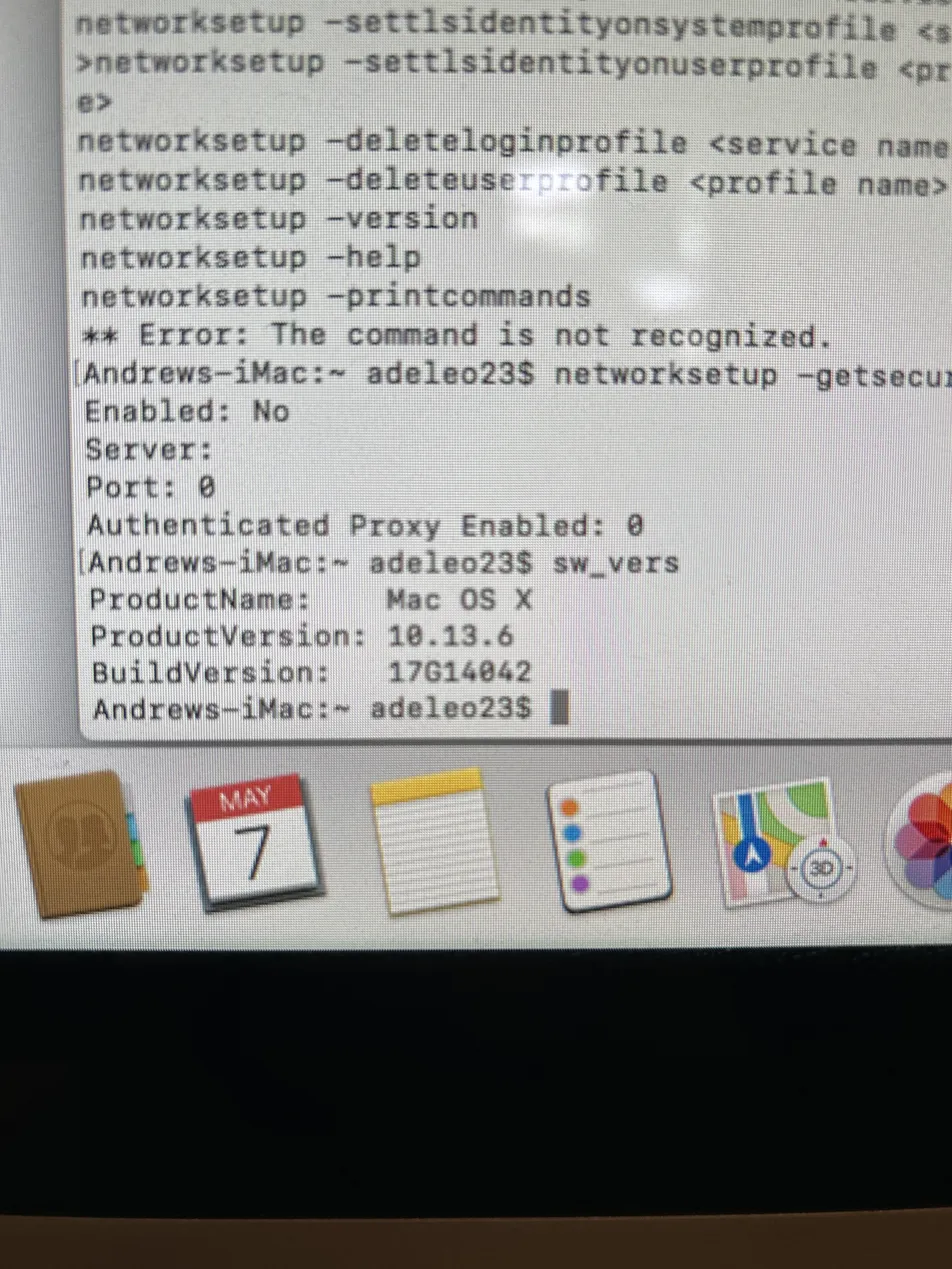 Terminal showing networksetup proxy disabled and macOS version 10.13.6
