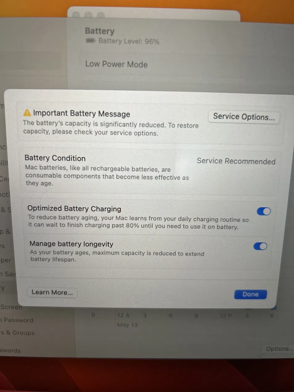 Battery settings showing Service Recommended status and Important Battery Message