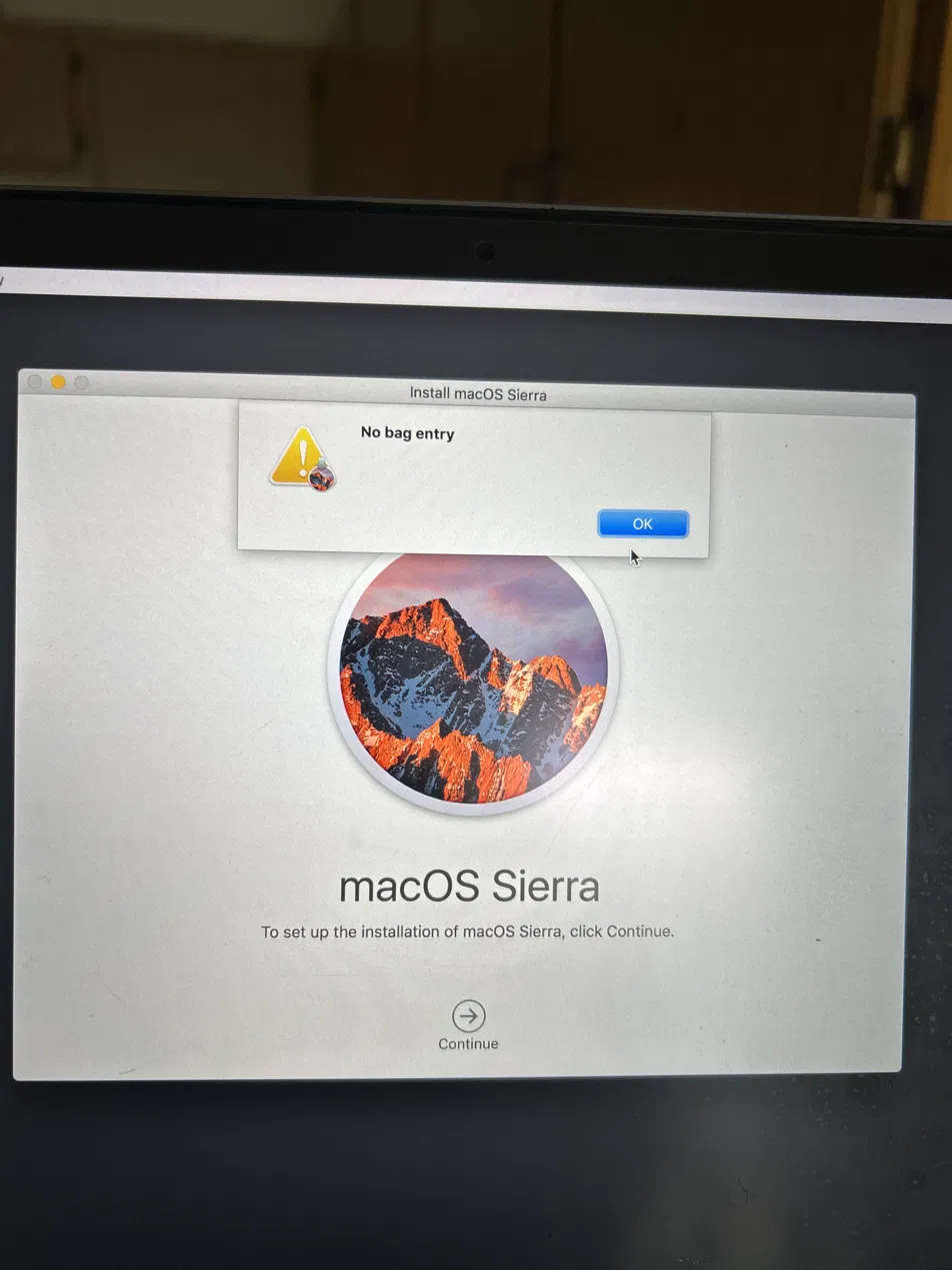 macOS Sierra install showing No bag entry error caused by incorrect system date