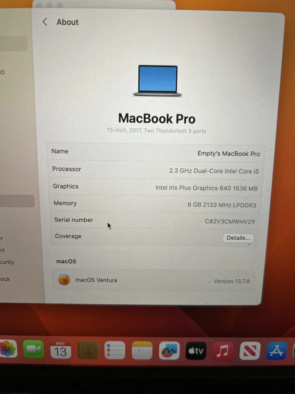 About This Mac showing MacBook Pro 2017, 8GB RAM, macOS Ventura 13.7.8